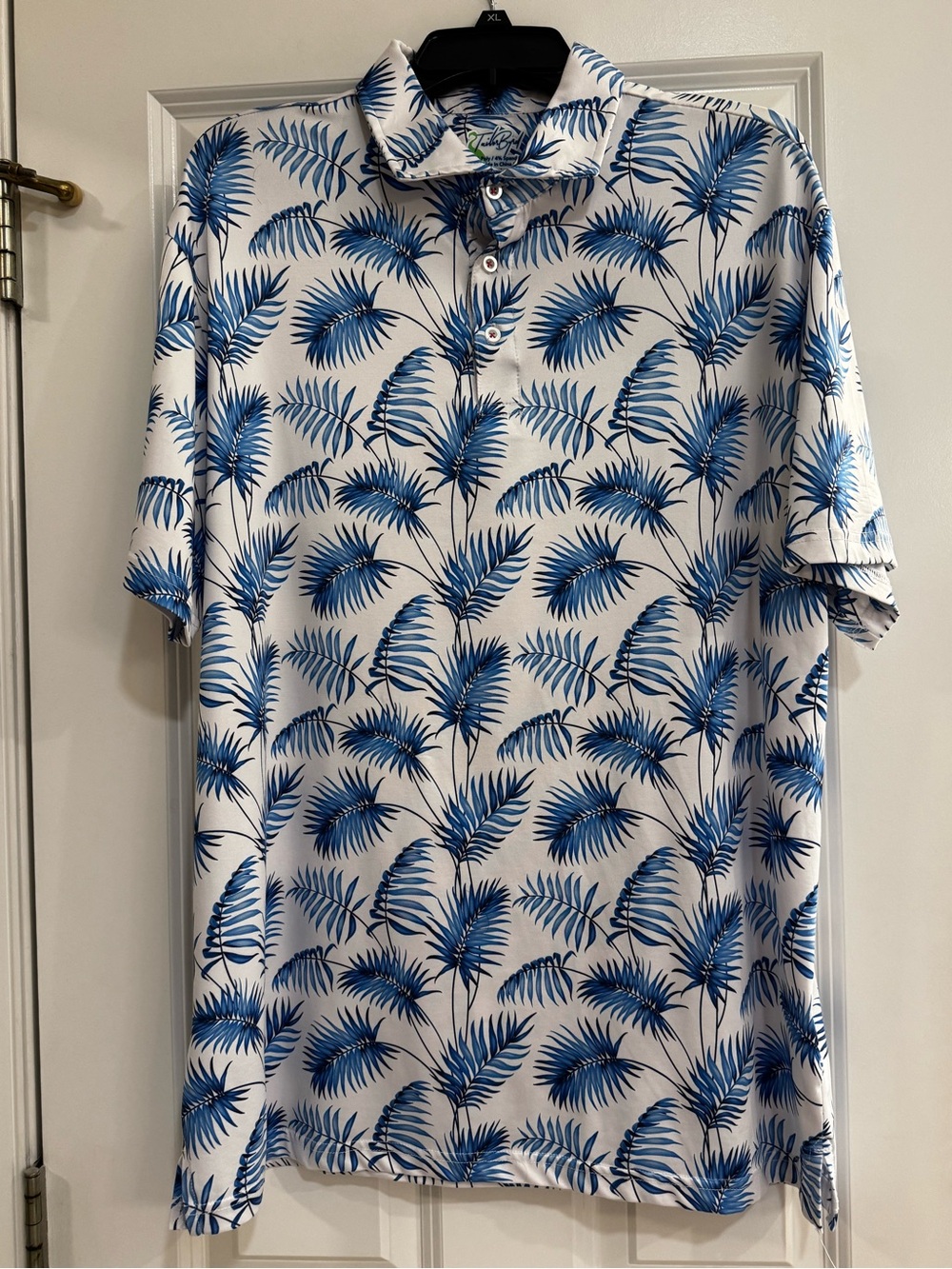 Tailorbyrd White Polo with Blue Palm Leaf Print XL